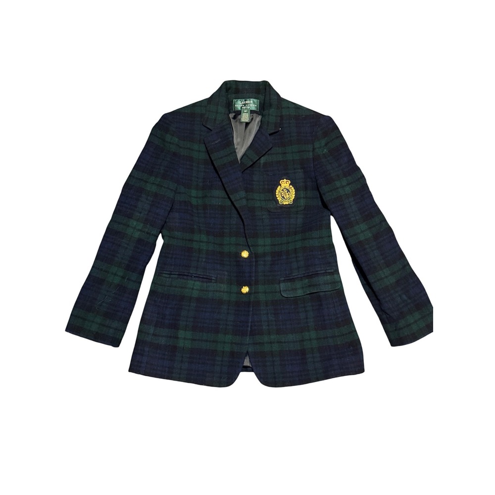 Lauren Ralph Lauren Petite Black Watch Plaid Wool Cashmere Crest Blazer 8P